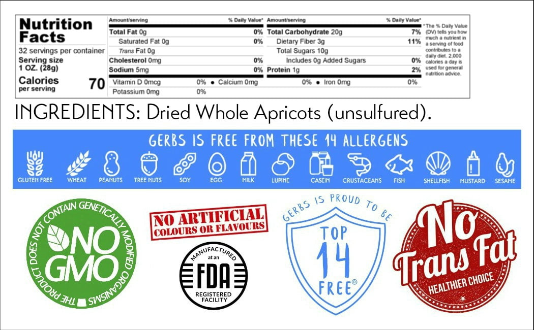 GERBS Dried Apricots, 32 ounce Bag, No Sugar Added, Unsulfured, Preservative, Top 14 Food Allergy Free