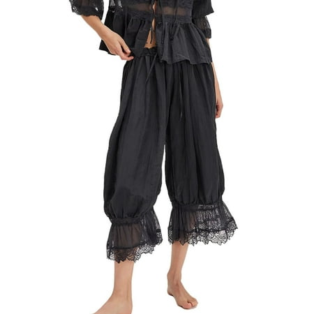 VISALY Flowy Pants for Women  Ruffle Bloomers  Lace-Up Home Wear for Women Ruffle Hem Capris Lace Trim Pantaloons Lingerie Pants Slips for Under Dress Hollow Lace Lace (Black  S)