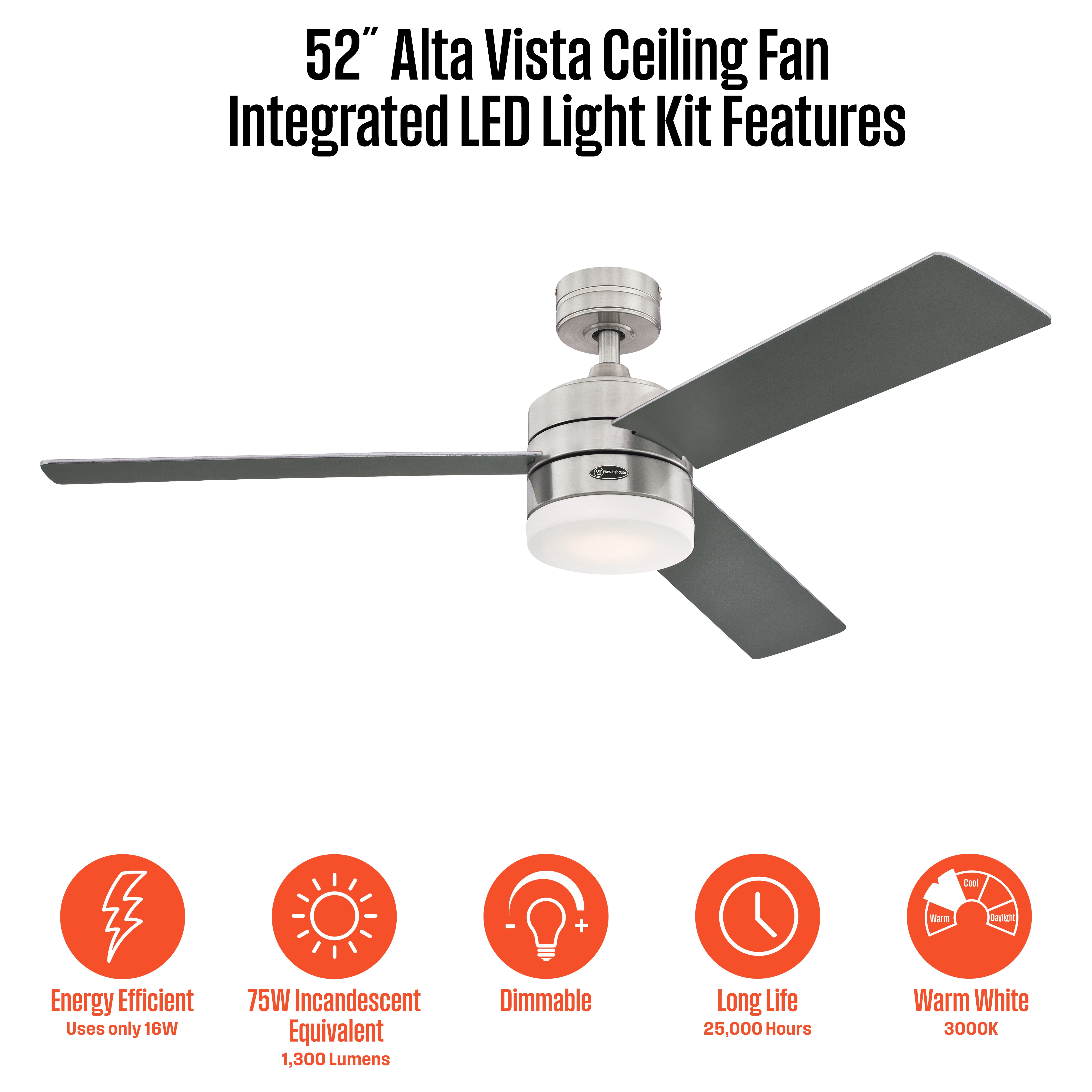 Westinghouse Lighting Modern Alta Vista Smart Wi-Fi Ceiling Fan with LED Light, Remote Control 52 Inch Brushed Nickel Finish, Opal Frosted Glass, Compatible with Amazon Alexa & Echo Device