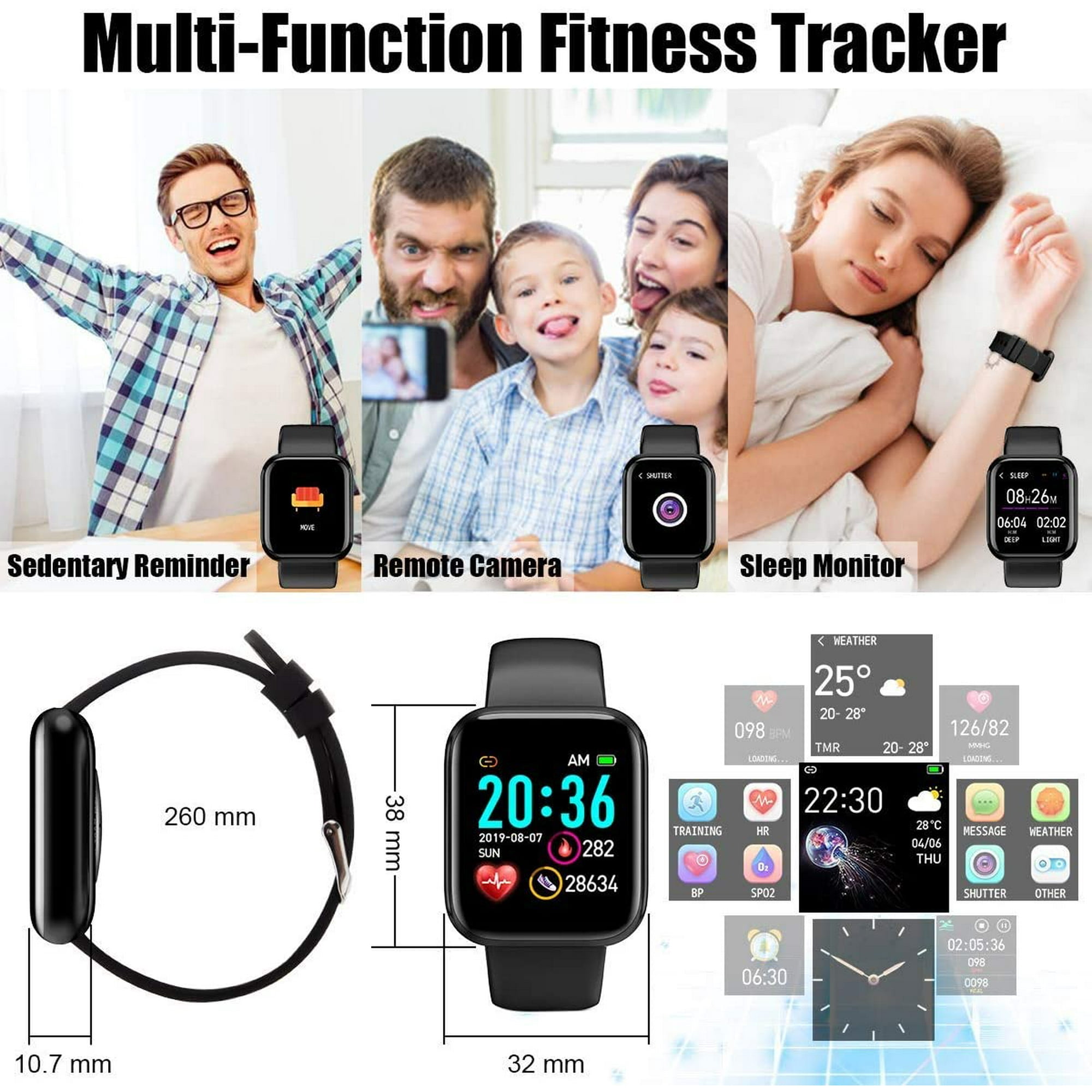 Smart Watch for Android and iOS Phone Activity Fitness Tracker Heart Rate Sleep Monitor Waterproof Pedometer Smartwatch Step Counter for Women Men and Kids Black Walmart
