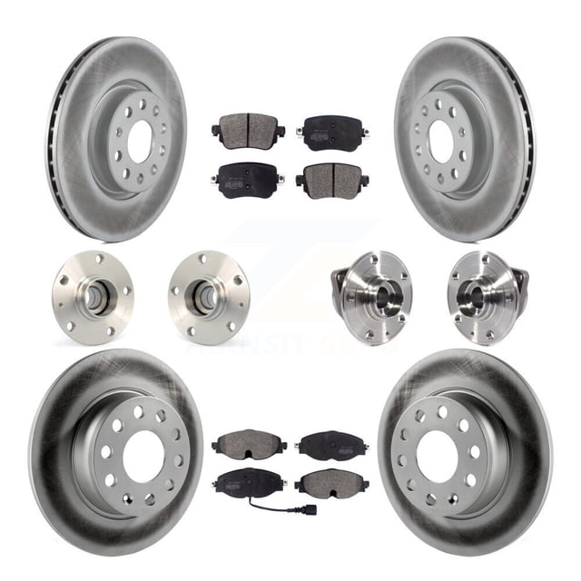 Transit Auto Front Rear Hub Bearings Assembly Coated Disc Brake Rotors and Semi-Metallic Pads Kit (10Pc) for Car Volkswagen GTI - Left Right Side (Driver Passenger) KBB-113702