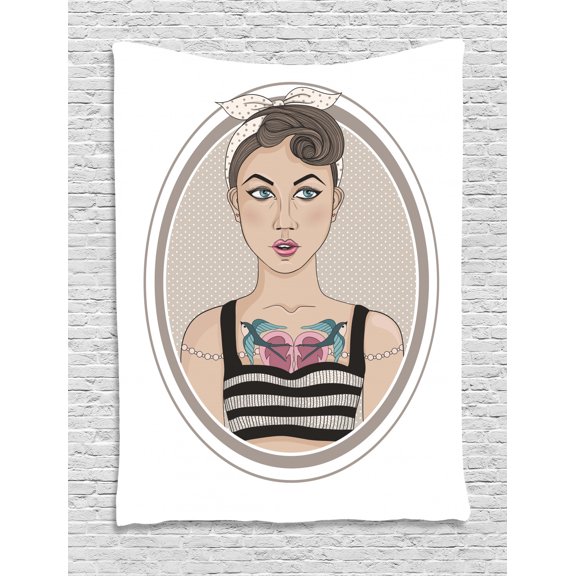 Pin up Girl Tapestry, Rockabilly Style Rebel Girl with Bird Tattoos on Her Chest Oval Framed Design, Wall Hanging for Bedroom Living Room Dorm Decor, 40W X 60L Inches, Multicolor, by Ambesonne
