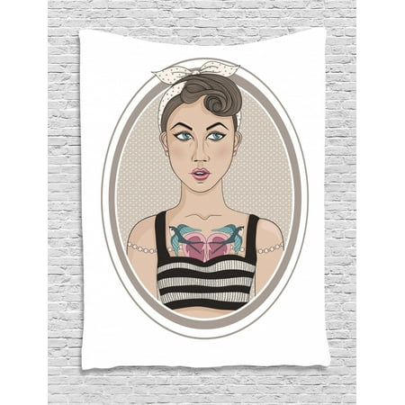 Pin Up Girl Tapestry Rockabilly Style Rebel Girl With Bird Tattoos On Her Chest Oval Framed Design Wall Hanging For Bedroom Living Room Dorm Decor