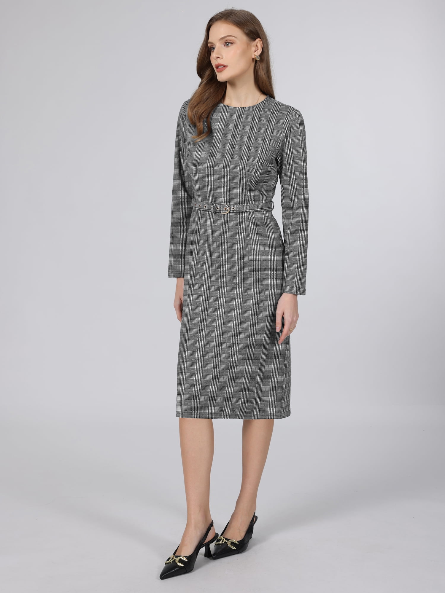DARING DIVA Women's Houndstooth Long Sleeve Business Office Dress M Grey Black