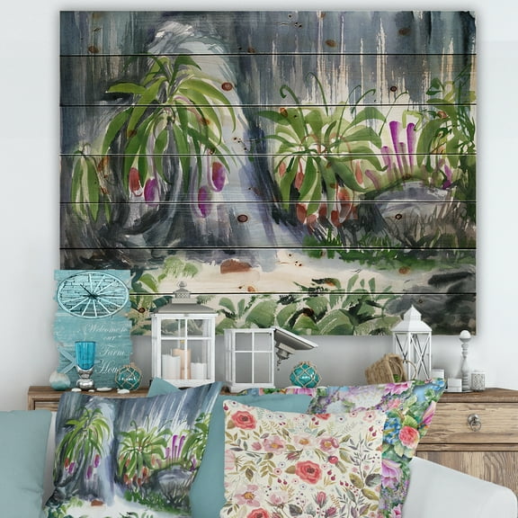 Designart 'Abstract Tropical Plants Oasis' Farmhouse Print on Natural Pine Wood