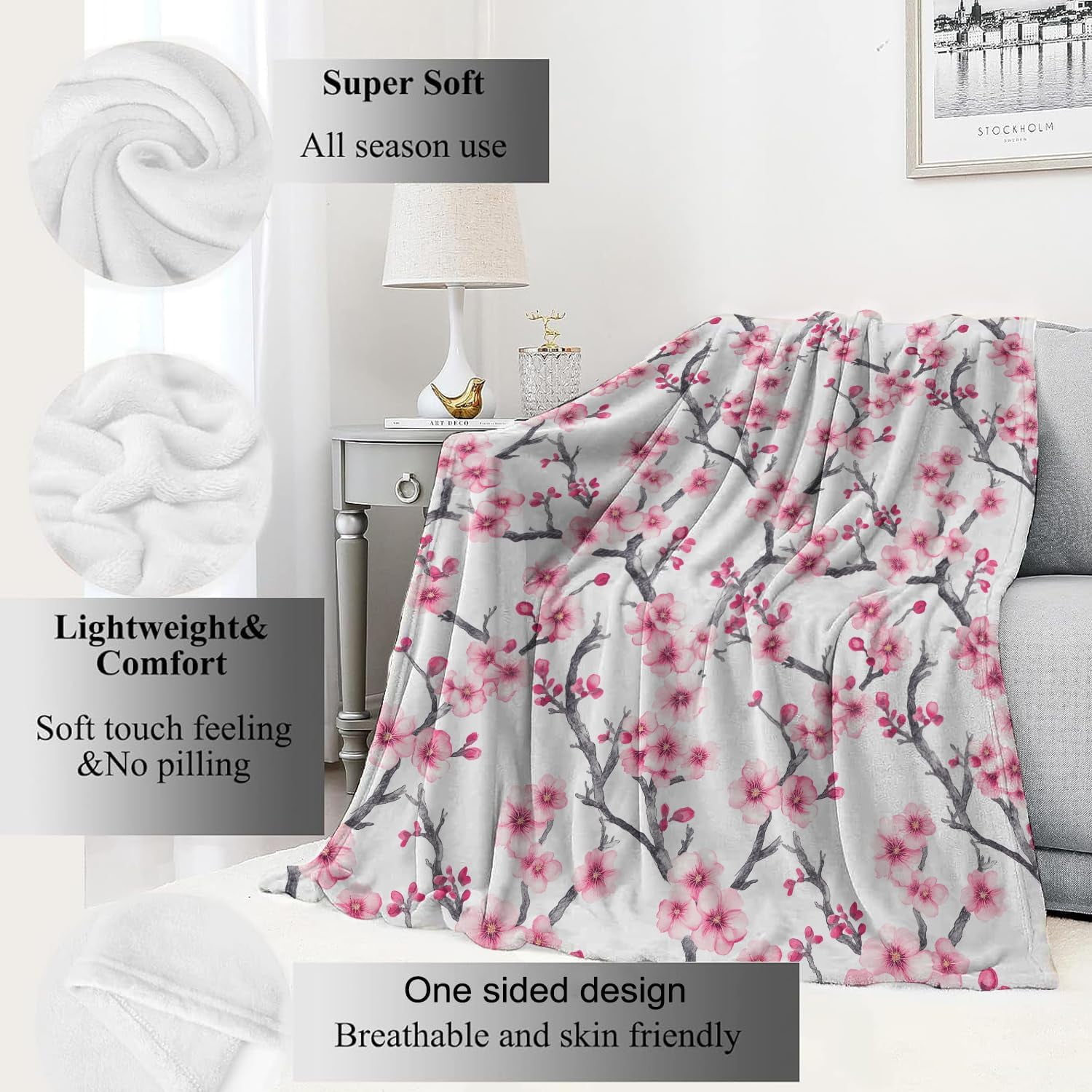 Cherry Blossom Branches Blanket,50x60in,Pink Floral Spring Throw Blankets,Gifts for Kids Girls Women & Nature Flower Lovers, Lightweight Soft Fleece Cozy,for Sofa Couch Bed Room Modern Decor