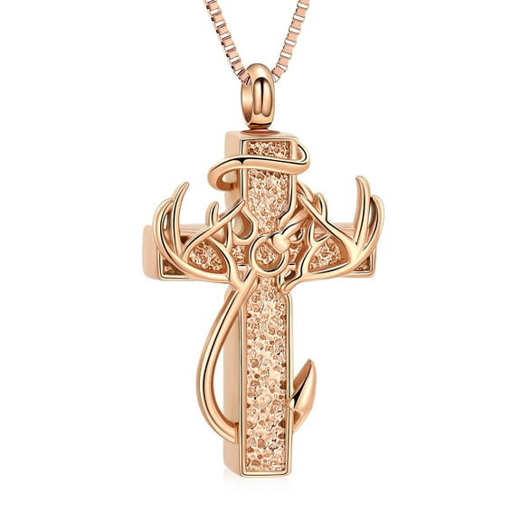 Cross & Deer Antler Cremation Necklace for Ashes Stainless Steel Fish Hook Cremation Urn Necklace Memorial Keepsake Jewelry for Men Women