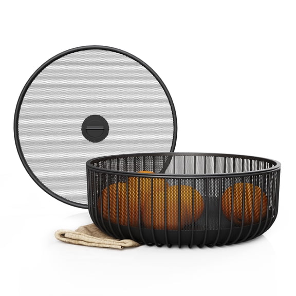 LIBKEN Metal Fruit Bowl with Mesh Lid and Basket - Fruit and Vegetable Holder for Kitchen Counter - Versatile and Durable Storage Basket Organizer for Fruit, Veggie, Snacks - 11x11x4-Inch (Warm Gray)