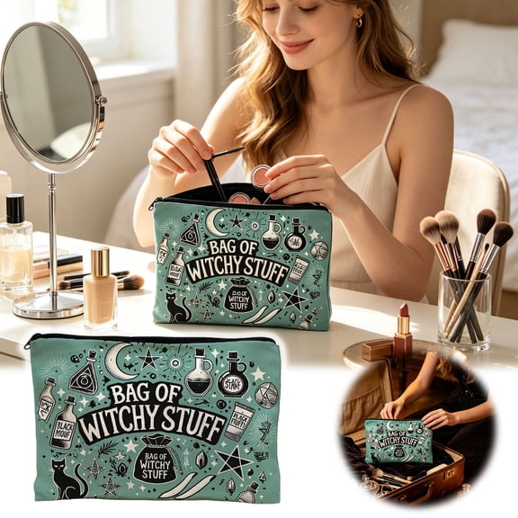 Witchy Themed Cosmetic Pouch, Spooky Halloween Makeup Bag with Zipper, Lightweight Travel Organizer for Brushes and Stationery