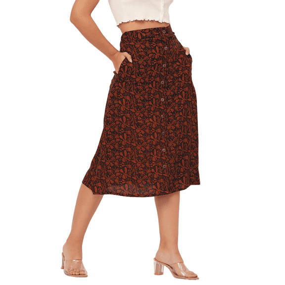 Moomaya Printed A-Line Skirt For Women, Front Buttoned Midi Skirts