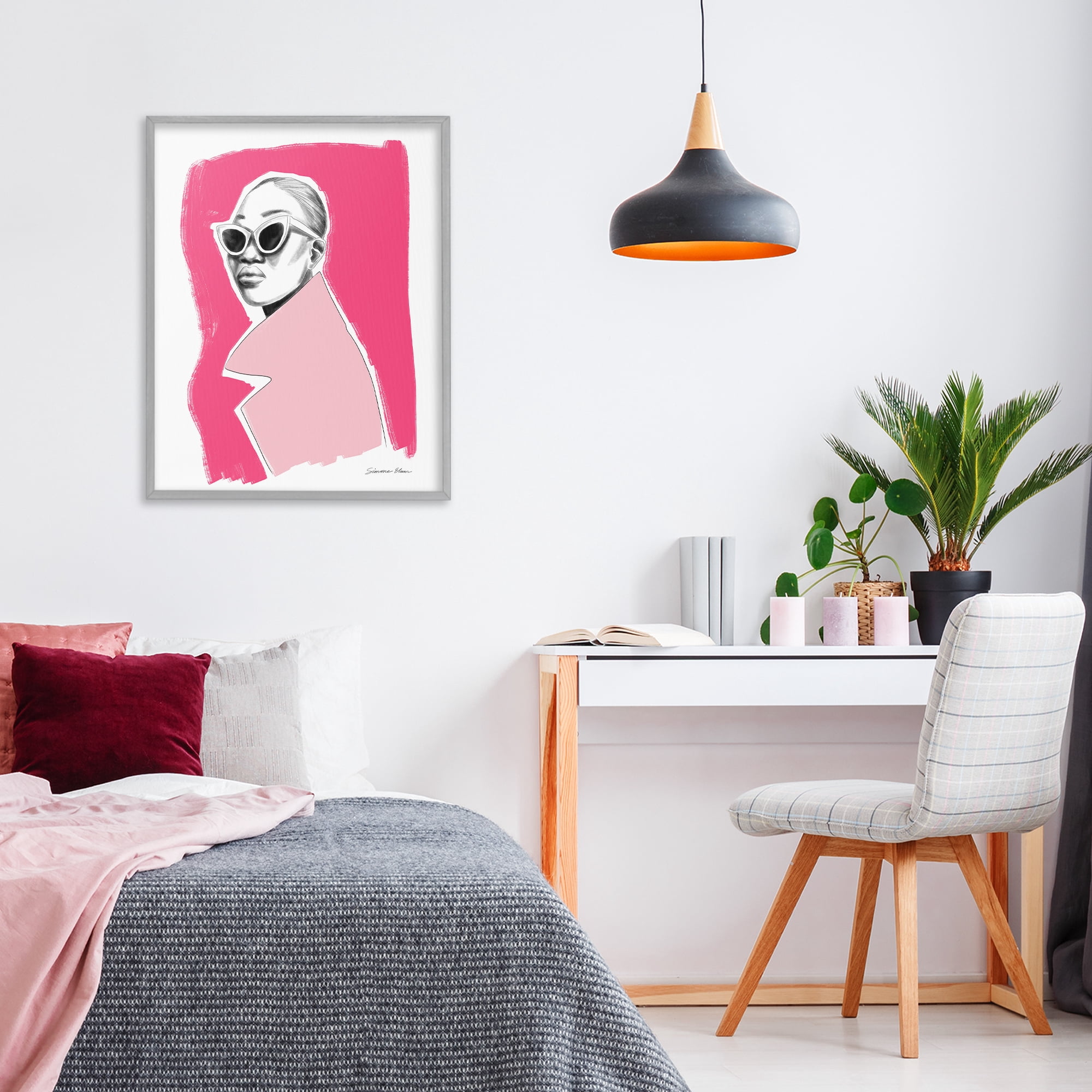 Stupell Industries Pink Attitude Fashion Portrait Gray Framed Giclee Art, design by Simone Elum