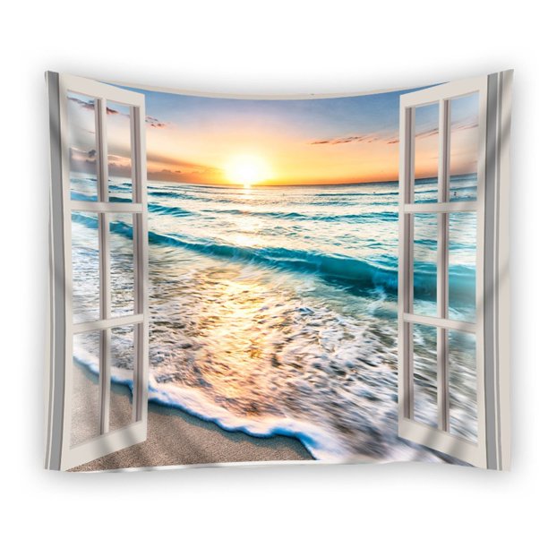 POPCreation Open Window Sunrise Blue Sea Beach Tapestry Polyester
