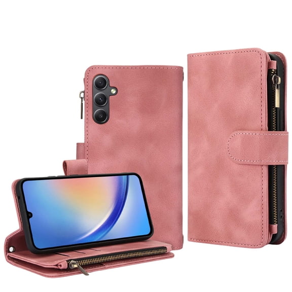 Decase RFID Blocking Wallet Case for Samsung Galaxy A16 5G, PU Leather Zipper Wallet with Wrist Strap, 9 Card Slots Kickstand Full-Body Shockproof Phone Case, Rosegold