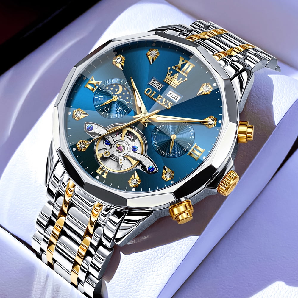 OLEVS Automatic Watches for Men Luxury Dress Waterproof Self Winding Mechanical Moon Phase Chronograph Stainless Steel Luminous Diamond Date Skeleton Tourbillon Wristwatch for Men Reloj Para Hombre