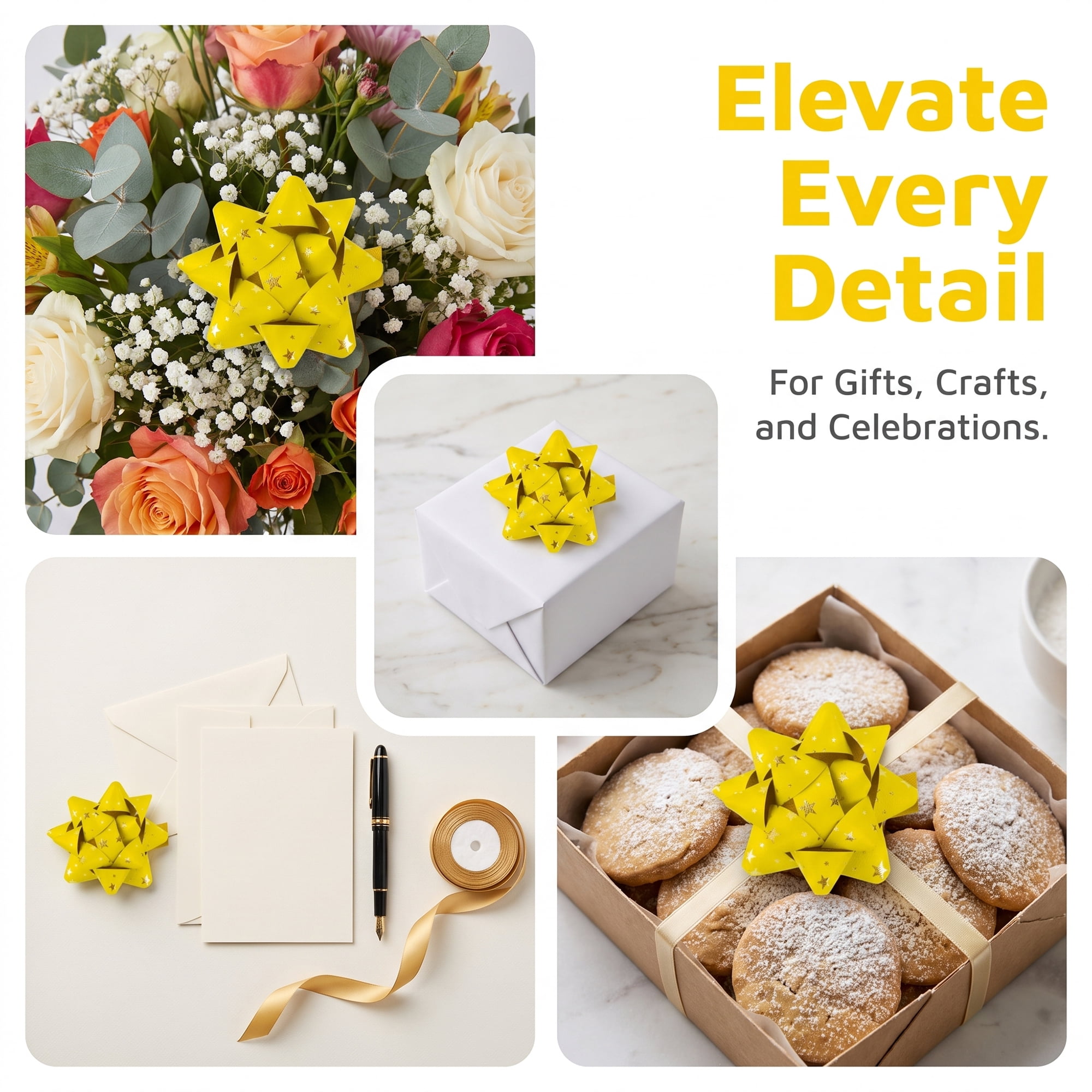Unique Bargains Simple Glossy Star-shaped Gift Wrapping Bows for Special Events Yellow