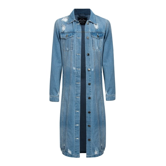 American Bazi Women's Long Button Down Distressed Denim Jean Jacket - Blue - 3X-Large