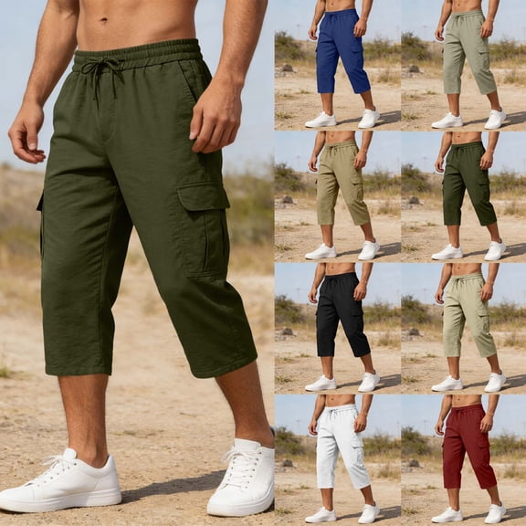 DODADAWANJ Long Cargo Shorts for Men Big and Tall Multi Pockets Capris Pants Summer Casual Elastic Waist Below Knee Pants Fathers Day Gifts Wine XXXL