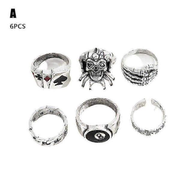 7pcs/set Silver Rings for Women Black Zircon Spade Oil Drop Heart Ring Set