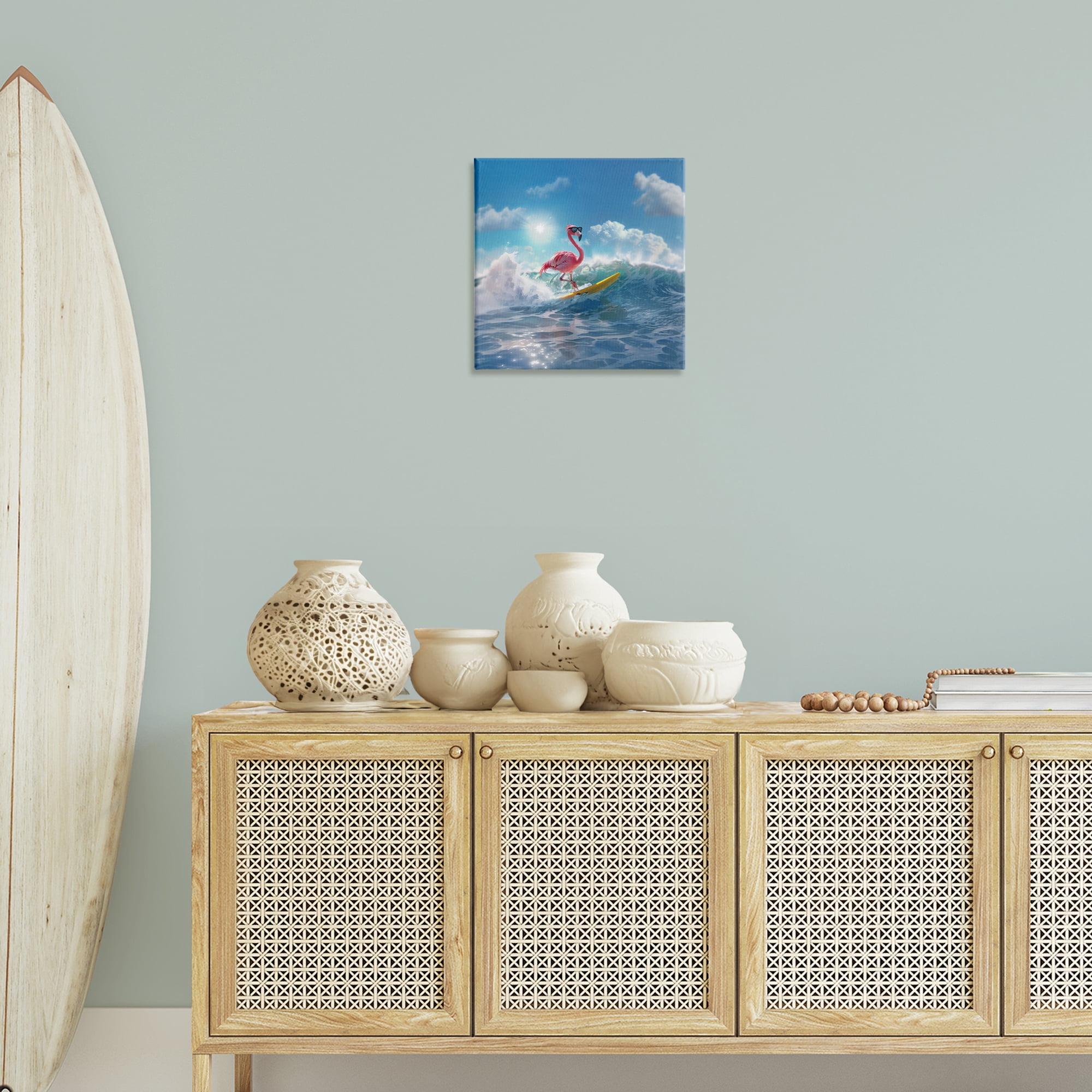 Stupell Industries Flamingo Surfing White Caps Nautical & Beach Painting Wrapped Canvas Art Print Wall Art, 17 x 17