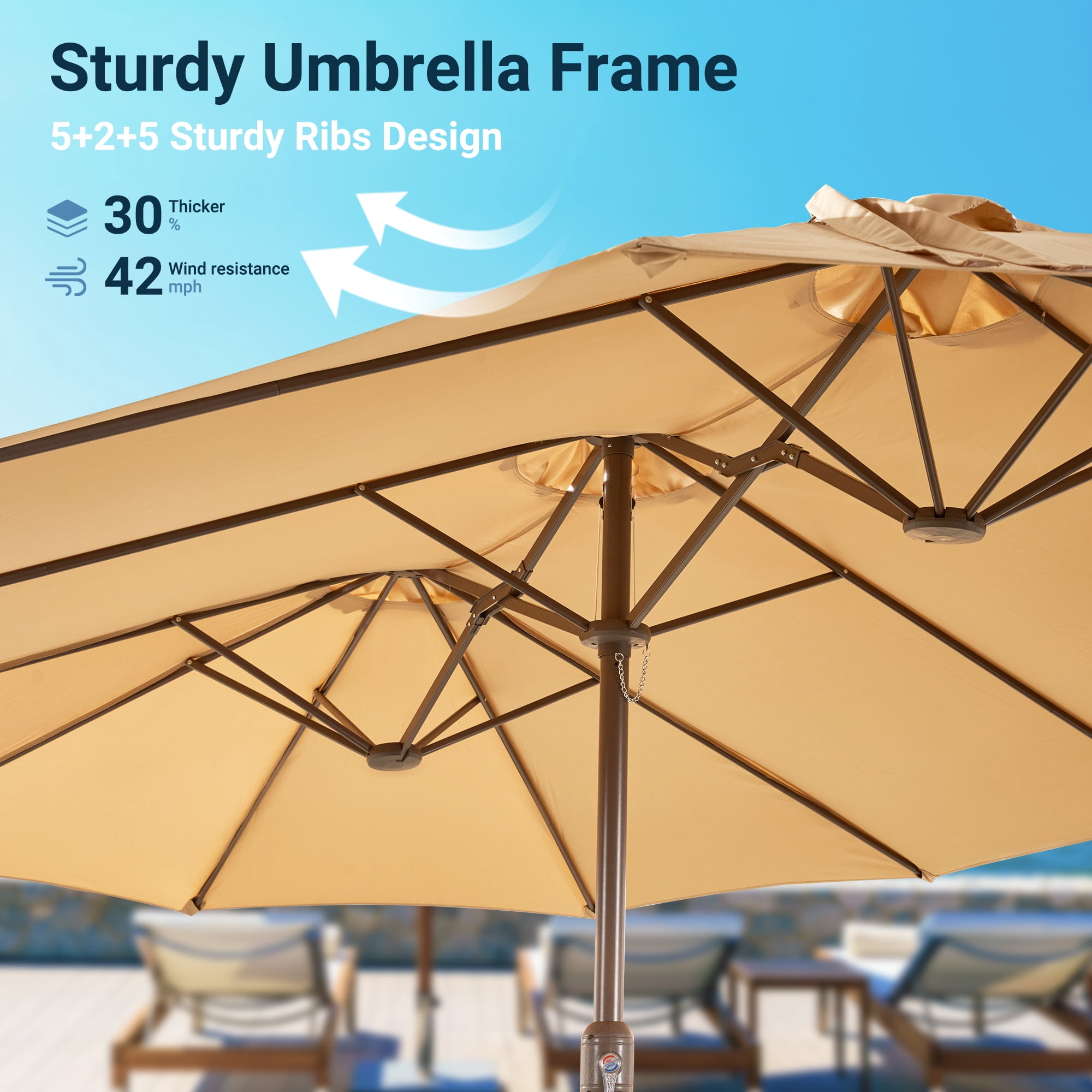 XIZZI 15ft Patio Umbrella with Base and Crank Handle, Extra Large Double-Sided Outdoor Umbrella with Waterproof, UV Resistant, Rectangle Garden Table Umbrellas Khaki
