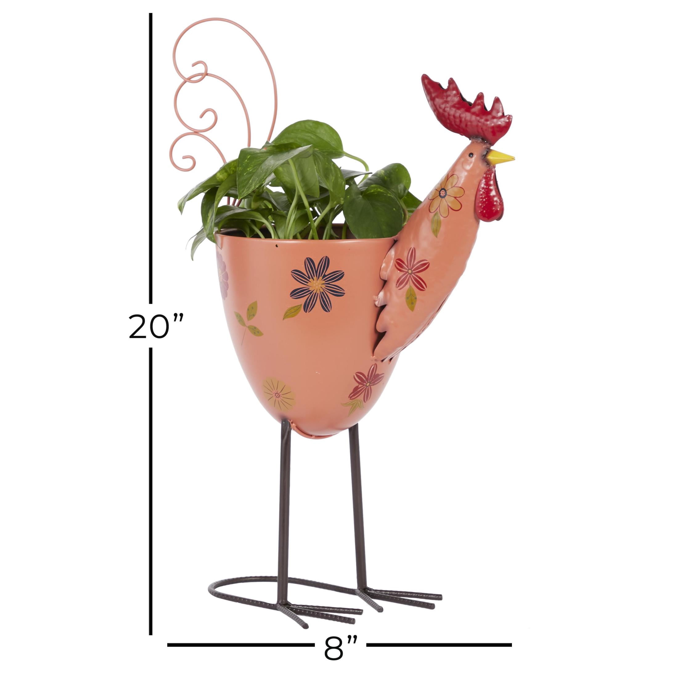 DecMode 19" x 20" Pink Metal Rooster Planter with Floral Pattern Planter
