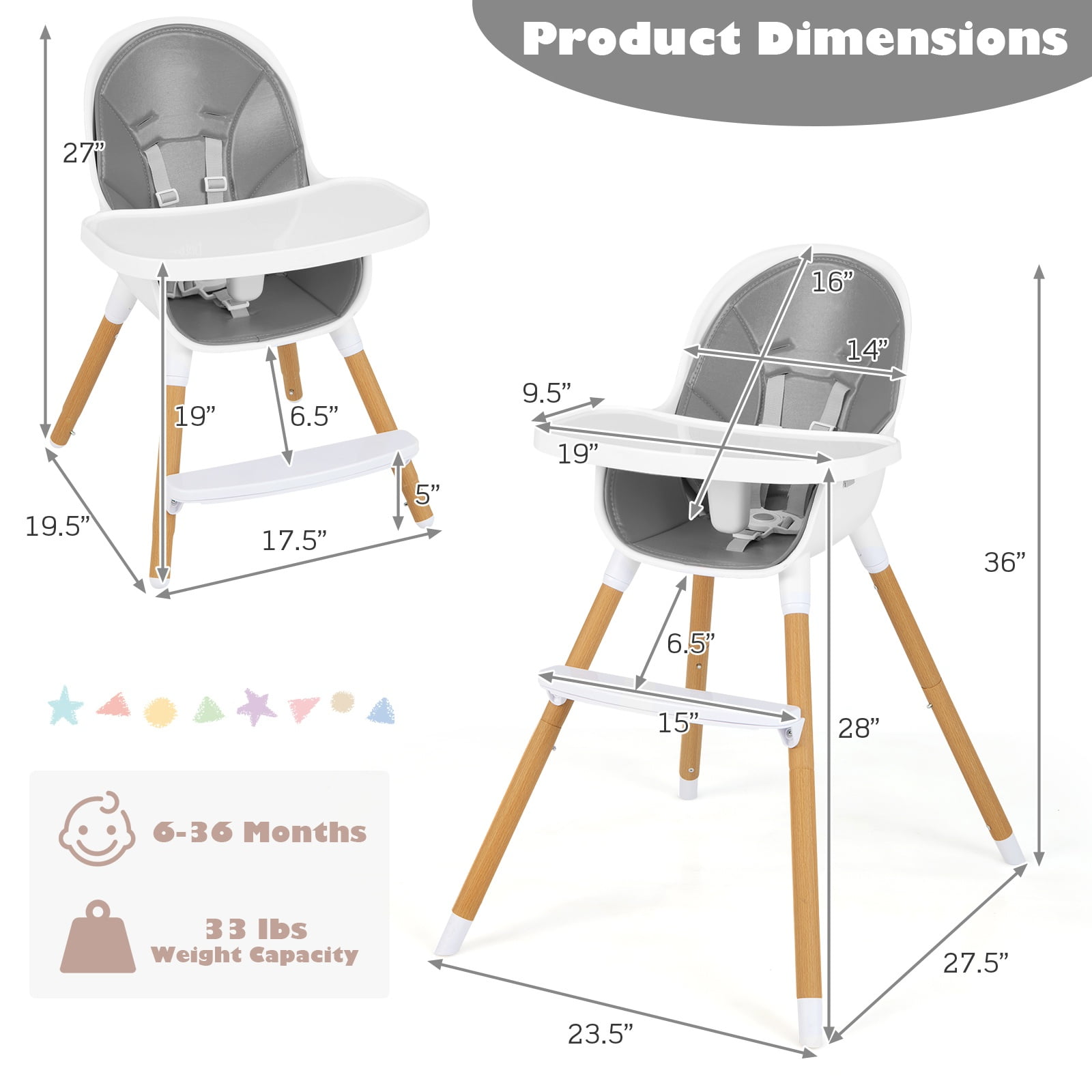 Infans 4-in-1 Infant Feeding Chair Convertible High Baby Chair w/Adjustable Tray Grey