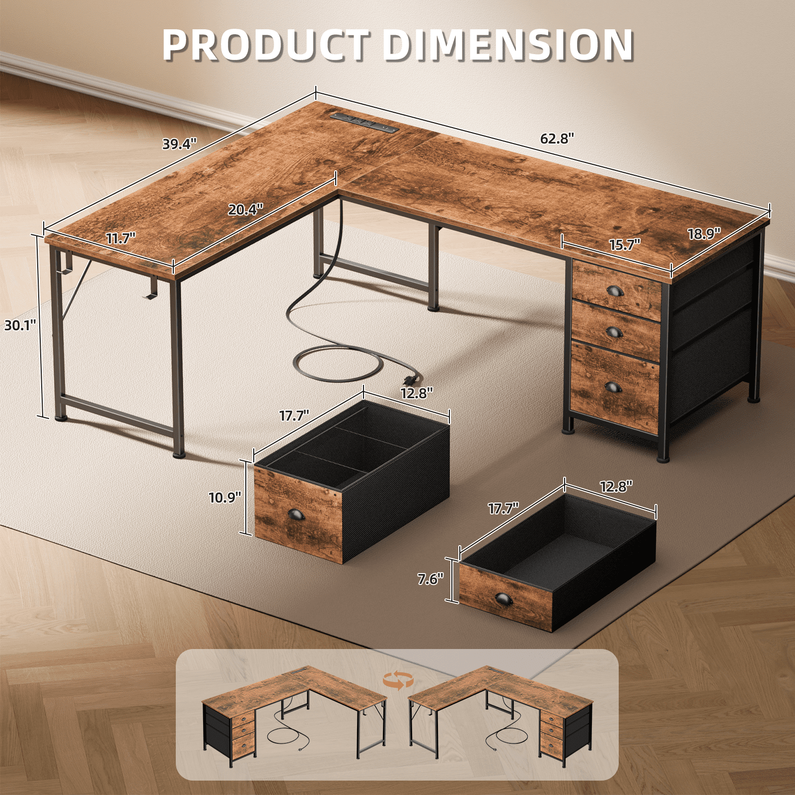 Satifur 63 Inch Reversible L Shaped Corner Computer Desk, Rustic Home Office Desk with 3 US AC Outlets 1 USB 1 Type-C Charging Port, 2 Non-Woven Drawers & File Cabinet, L Hooks & Cable Hole Plugs