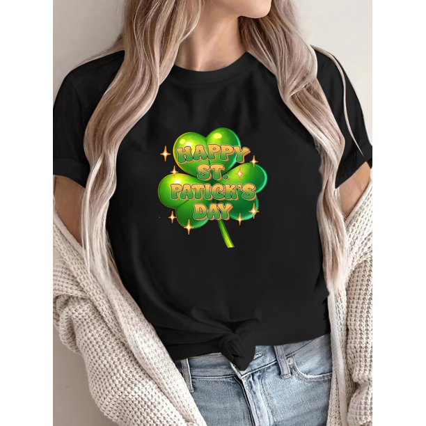 Women's St. Patrick's Day Clover T-Shirt - "Happy St. Patrick's Day" Glittery Print, Casual Round Neck, Short Sleeve Top