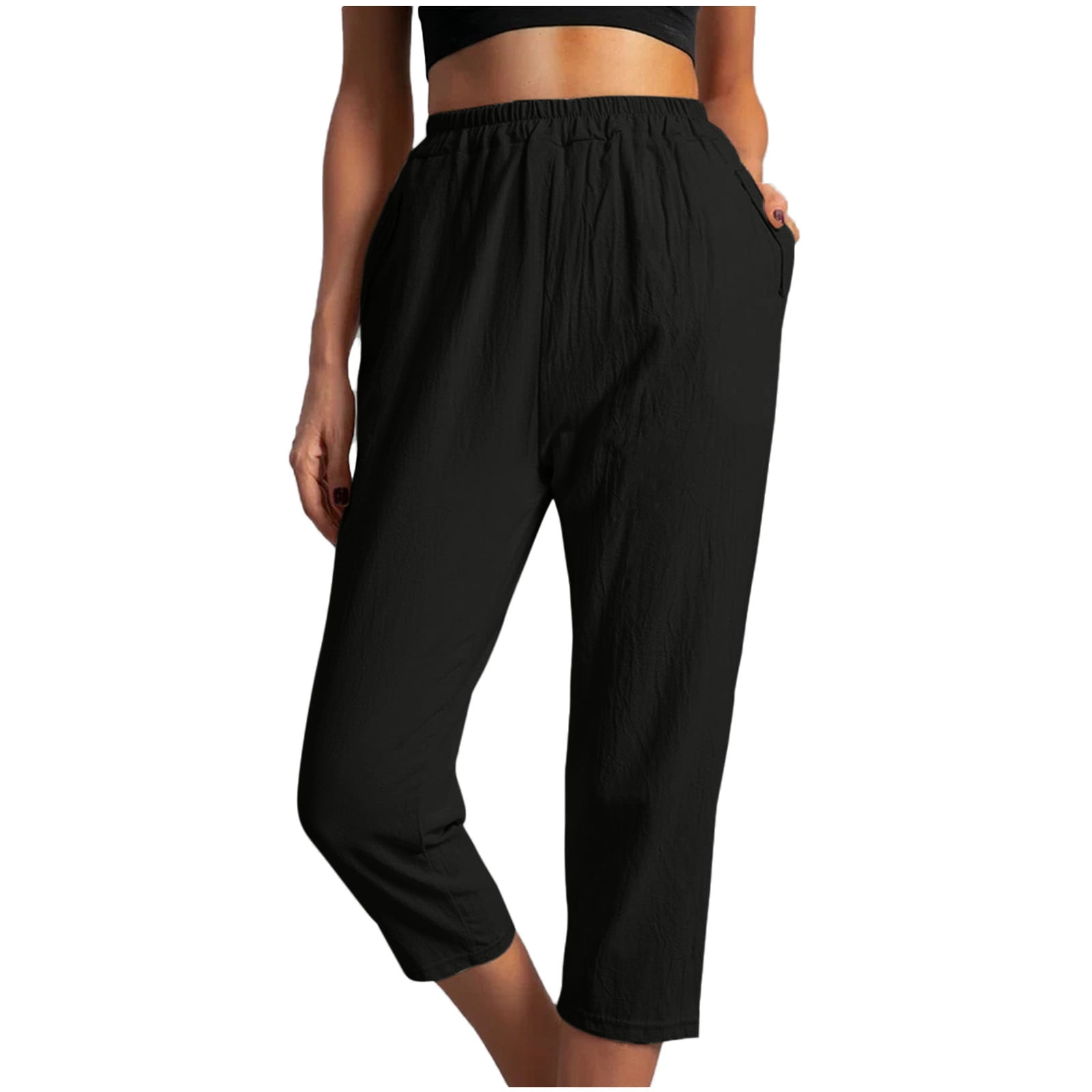 Capri Pants for Women Casual Solid Color Pockets Elastic Waist ...