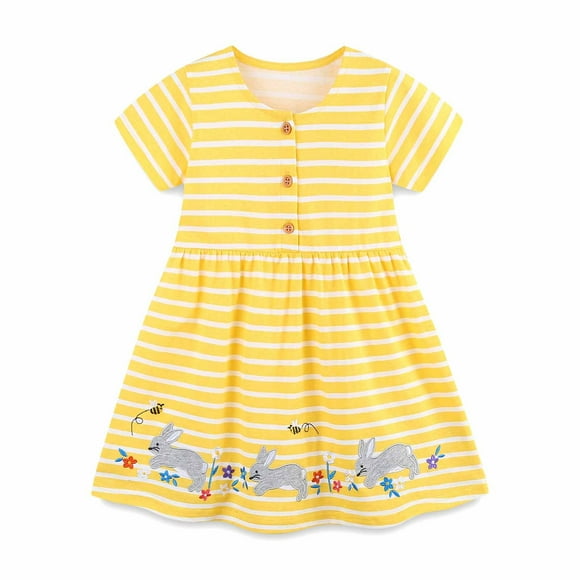 BYHONG Robes d'Été Décontractées pour Filles Petites Filles Robe Décontractée en Coton Imprimé Dessin Animé Manches Courtes T-Shirt d'Été Jupe Robes Jaune 8-9 Ans Robes d'Été pour Filles
