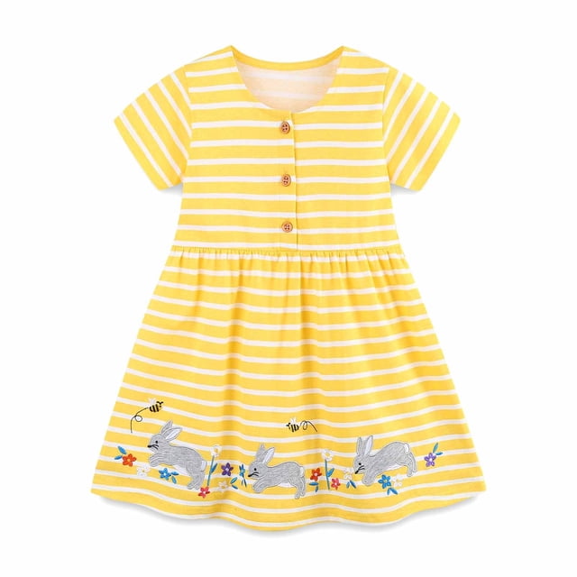 BYHONG Casual Summer Dresses for Girls Little Girls Casual Coton Dress Cartoon Print Short Sleeve Summer T Shirt Skirt Dresses Yellow 8-9 Years Sun Dresses for Girls