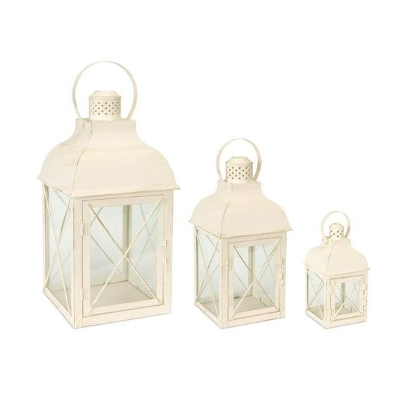 Set of 3 Antique White Rustic Finished Decorative Iron Candle Lanterns 18.5"