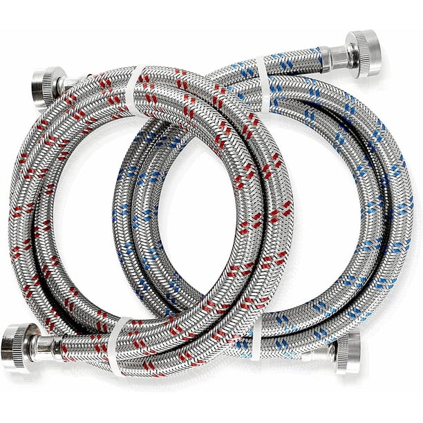 K&J Premium Mangueras Para Lavadora De 6 Pies A Prueba De Explosiones, Paquete De 2 - Mangueras De Suministro De Agua Fría Y Caliente Para Lavadoras (Acero Inoxidable)
