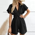 thumbnail image 4 of Lmueinov Women's 100% Cotton V Neck Twist Waist Ruffle Sleeve Romper, Casual Summer Short Jumpsuit for Daily Vacation Date Wear S-2XL, 4 of 5