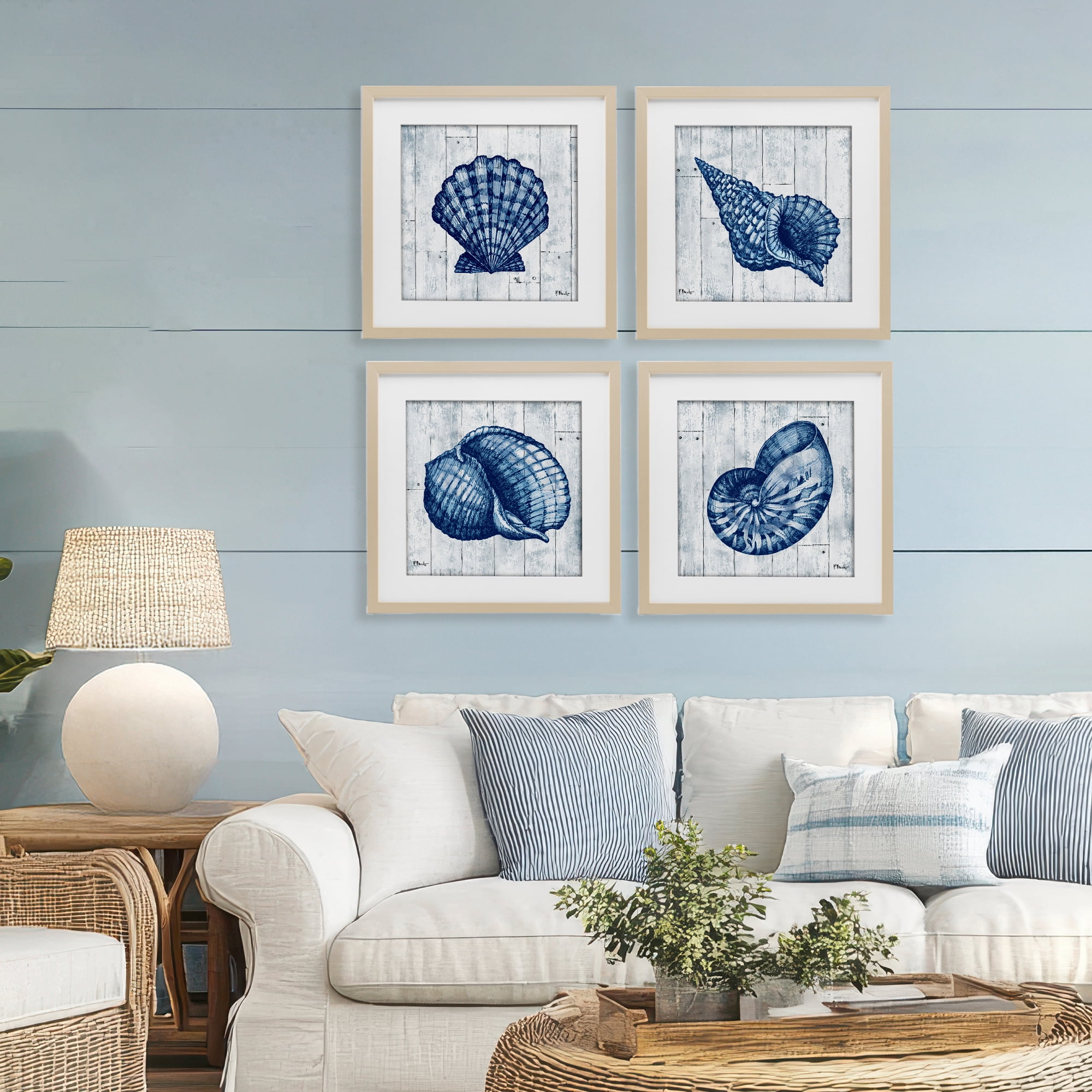 Stupell Industries Coastal Timberland Seashells 4 Piece Birch Framed Print Under Glass Set, design by Paul Brent