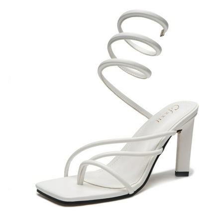 

Cathalem Ladies Flip Flop Heels Coil Spring Lace Up Sandals Girls Women Summer Square Toes Stiletto S Womens Sandals 38 White 7