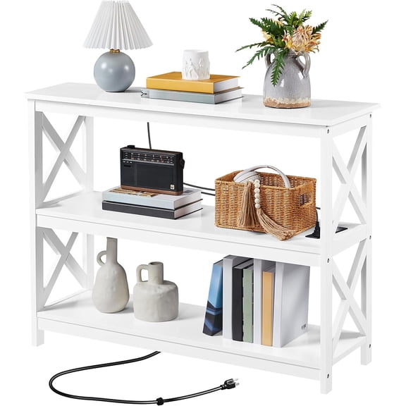 YYEAN Entryway Table with Storage Shelves, Console Table with Power Outlets and USB Ports, Wood Narrow Sofa Tables with X-Shaped Design for Living Room/Hallway/Couch, White