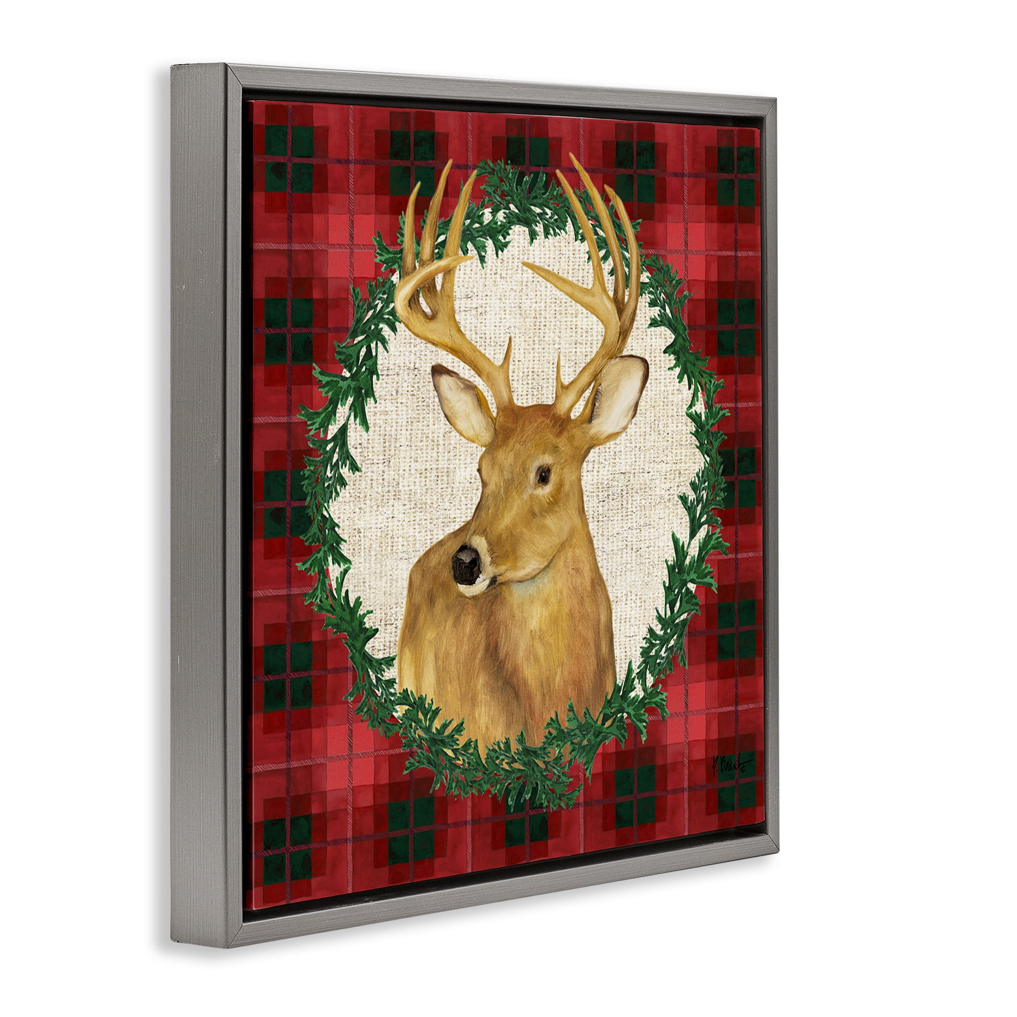 Stupell Industries Deer on Plaid & Wreath Holiday Painting Gray Floater Framed Canvas Art Print Wall Art, 18 x 18