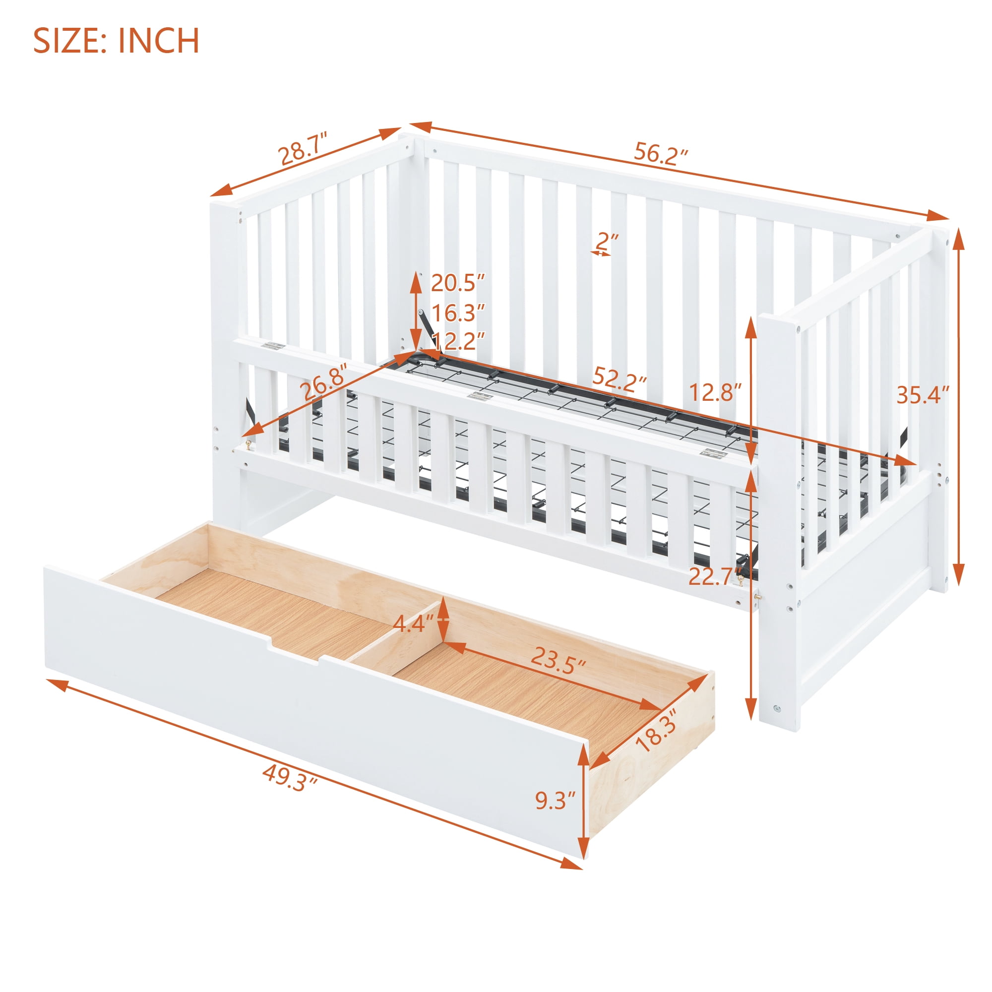 Euroco 4-in-1 Convertible Crib, Baby Crib with Drawers, Crib to Full Size Platform Bed, Wood and Metal, White