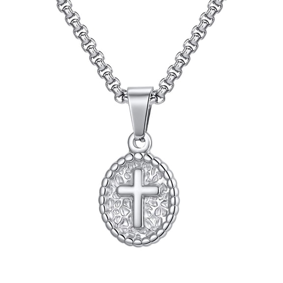PAURO Cross Necklace for Men Black Silver Stainless Steel Personalized Statement Cool Simple Oval Vintage Jewelry Silver