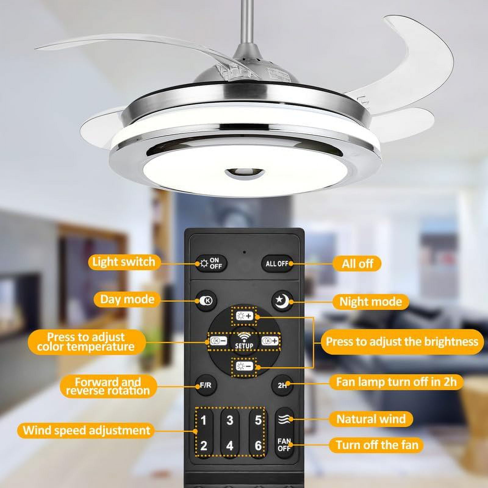 Datingday 42'' Reversible Bluetooth Ceiling Fan with Light and Speaker, LED Dimmable Fandelier Ceiling Fan Light with Remote Control Retractable Invisible Music Player Chandelier for Living Room