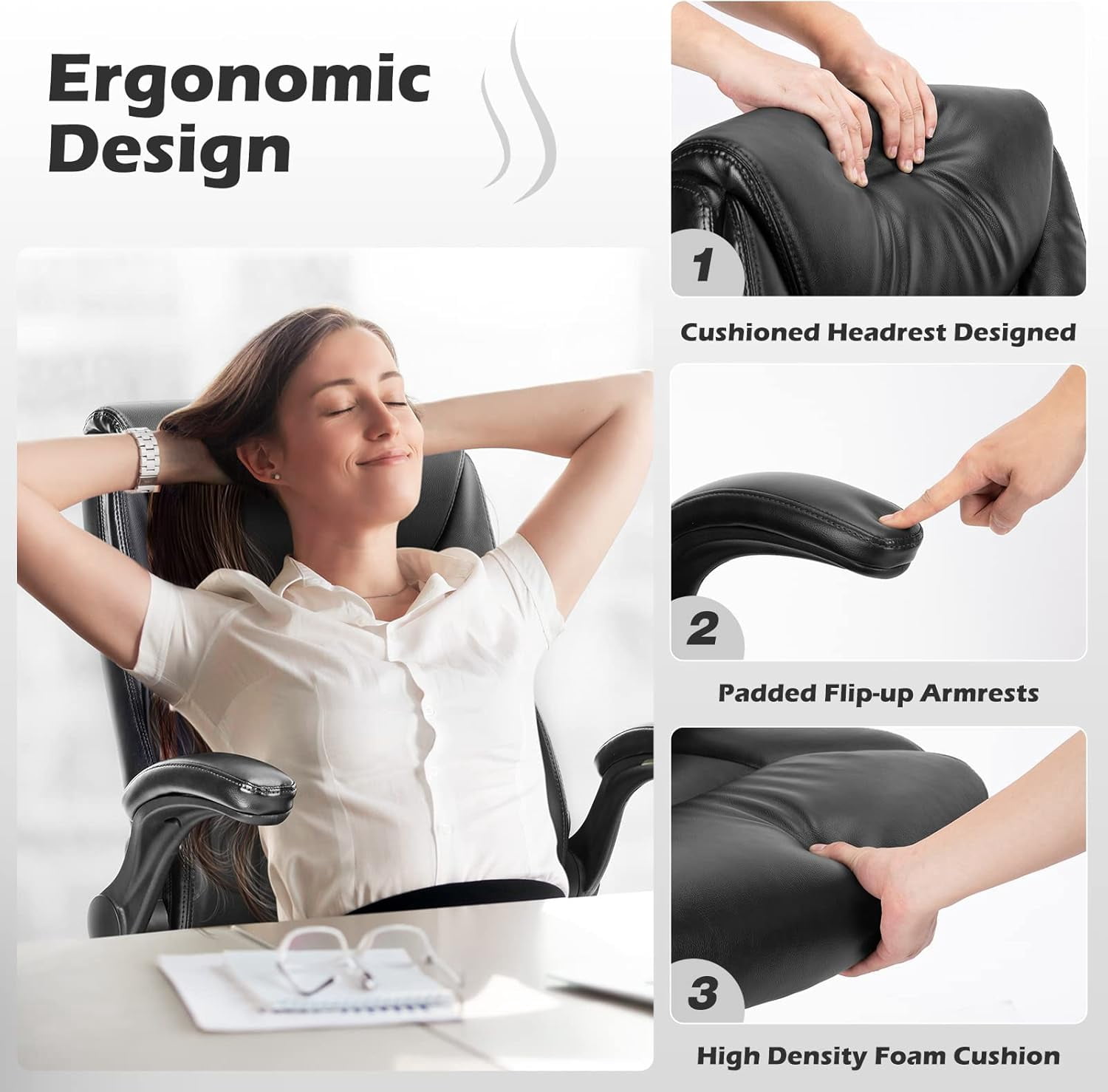 Ergonomic Office Chair, High Back Executive Desk Chair with Lumbar Support, Adjustable PU Leather Computer Chair with Flip-up Arms, Swivel Rolling Wheels Chair for Home and Office Use