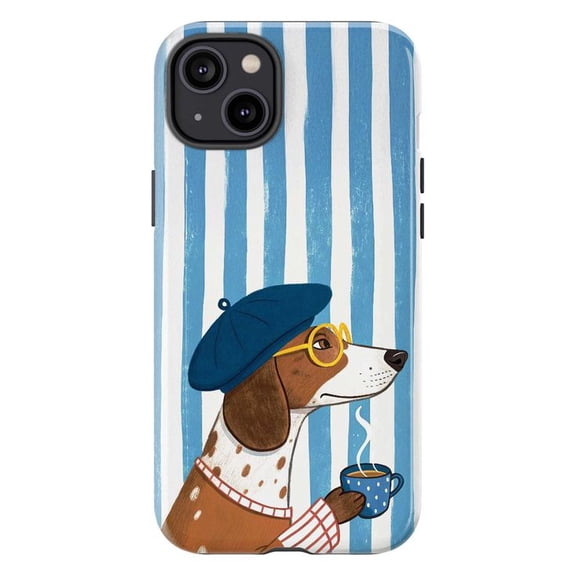 Stylish Beagle Dog with Coffee Phone Case, Cute Artistic Blue Striped iPhone Cover for iPhone 17 16 15 14 13 12 11 Plus Pro Max Mini