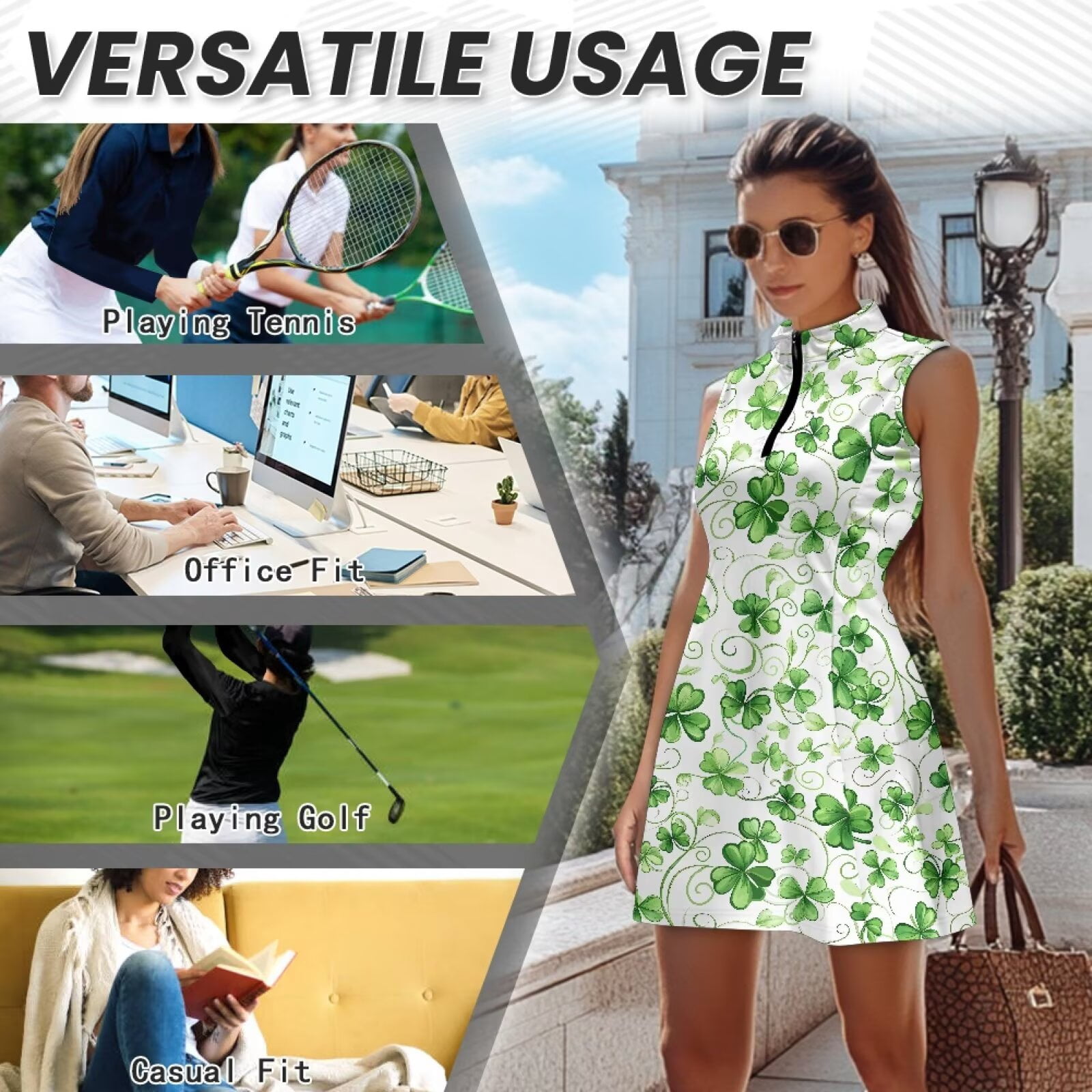Uorisanigo Classic Four-Leaf Golf Clothing Set for Women 2 Piece Sets Soft Zipper Neck Womens Sleeveless Golf Tennis Dresses Fashion Relaxed Athletic Workout Dress