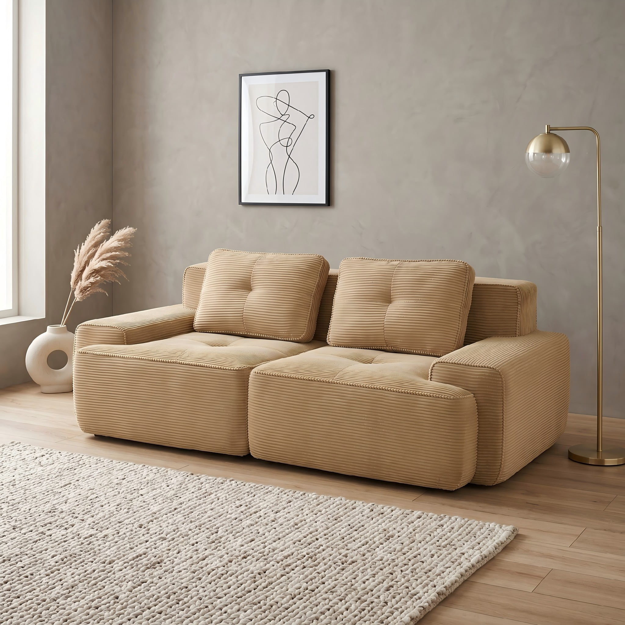 80" Corduroy Modular Sectional Sofa, 2-Seater Tufted Deep Seat Couch, Pet-Friendly Couch, No Assembly, Camel