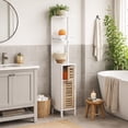 thumbnail image 3 of Slim Bathroom Storage Cabinet with Open Shelves and Two Doors, Freestanding Organizer for Compact Spaces, Ideal for Towels, Toiletries, White and Oak Finish – Stockholm Collection, 3 of 9