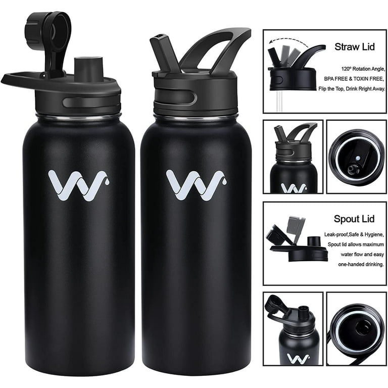 White Water Bottle 32 oz Stainless Steel Water Bottle 1L Vacuum BPA Free  Water Bottle with StrawS & Leak Proof Spout Lids & Straw Brush