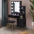 thumbnail image 6 of Vanity Desk with Cushioned Stool, Makeup Vanity with Sliding Lighted Mirror, Vanity Desk with 2 Drawers, 2 Shelves, Door, Makeup Dressing Table Hidden Shelves & Dressing Table with Stool (Black), 6 of 7