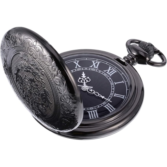 Quartz Pocket Watch for Men with Black Dial and Chain