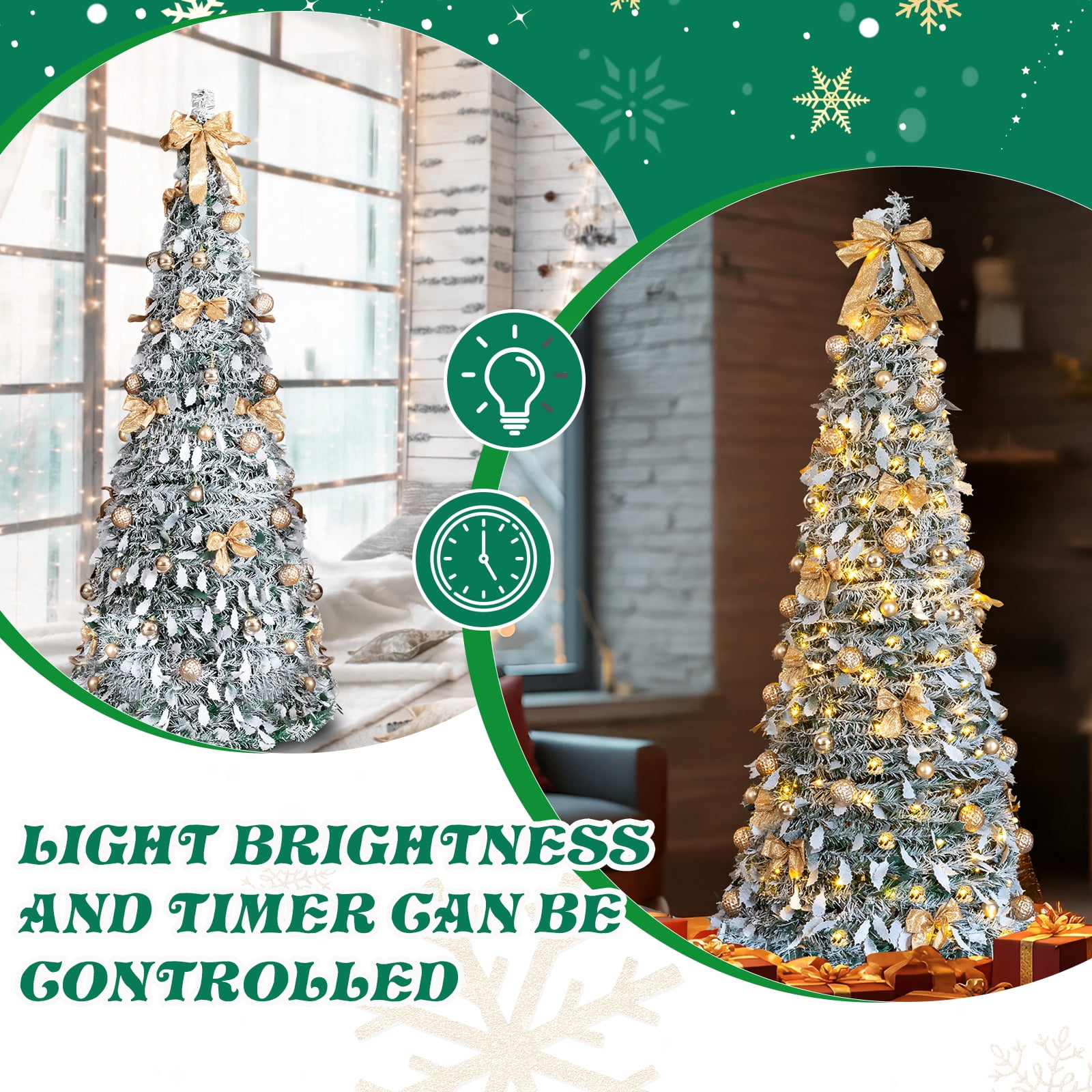 Astoutdoor 6 ft Snow Flocked Pre-lit Artificial Pop Up Christmas Tree with 100 Warm Lights and Golden Ornaments, Snowy Green